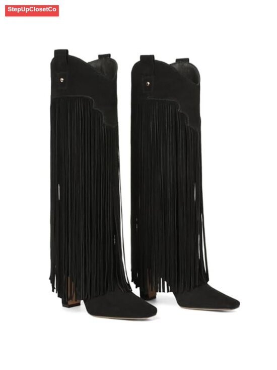 Shoes - Knee High Suede Fringe Boots Square Toe Chunky Heel Pull On